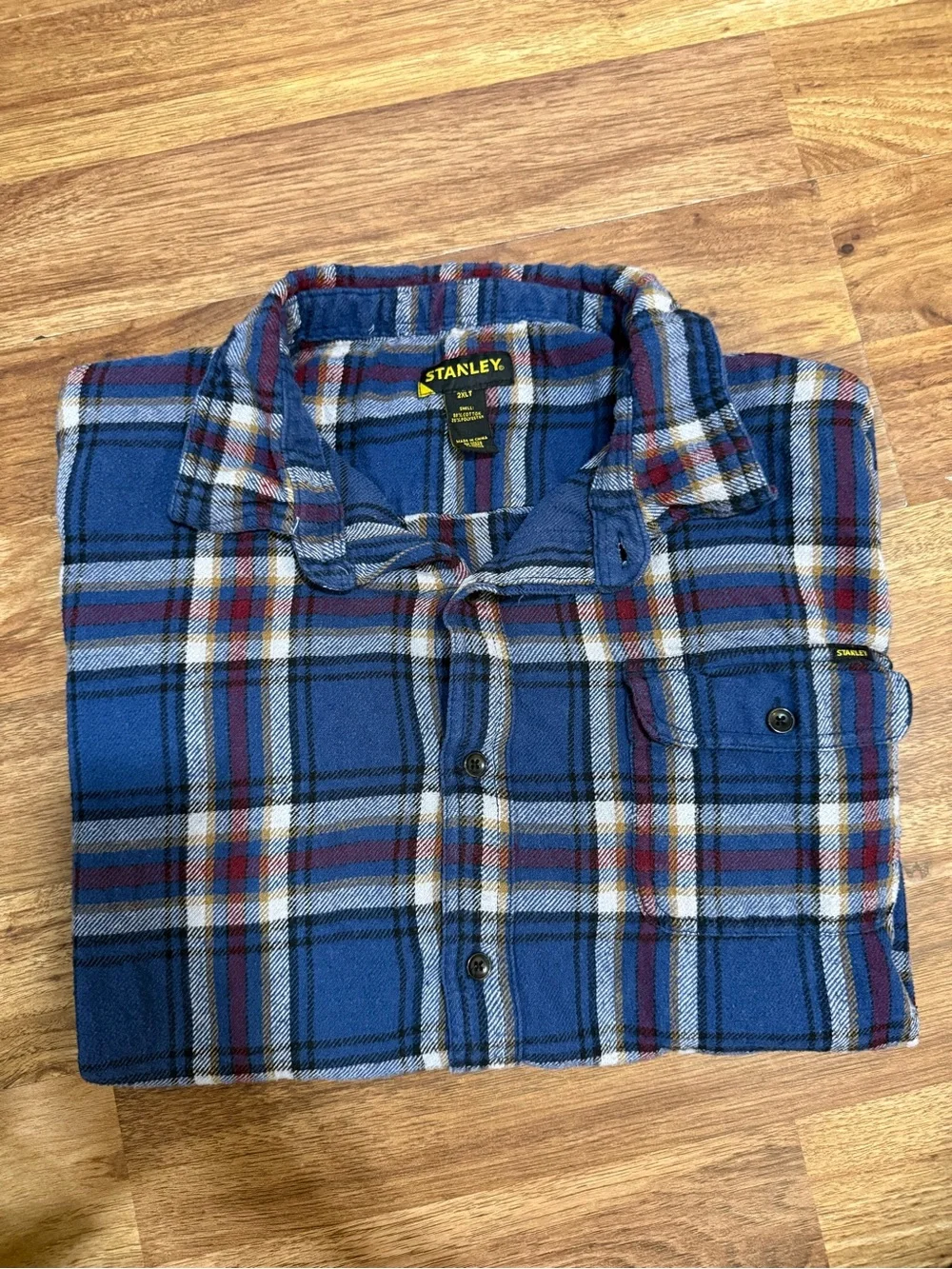 Stanley Blue Plaid Button-Down Shirt with Red and White Accents